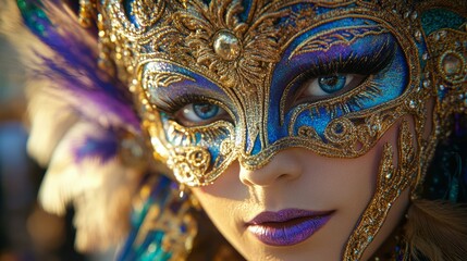 A close-up of a mysterious woman wearing an intricate, gold and blue masquerade mask, perfect for promoting masquerade balls, theatre productions, or luxury parties,