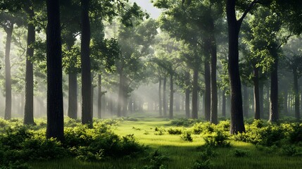 Obraz premium 1. Stunning 3D render of a serene forest landscape with towering trees and lush foliage, isolated on a pristine background