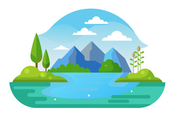 Cartoon Landscape with Mountains, Lake, and Trees