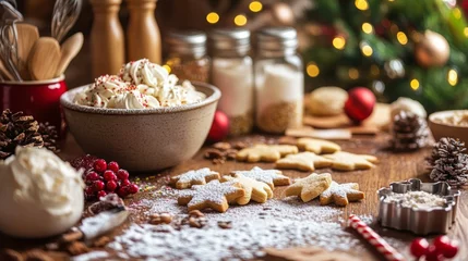 A cozy kitchen scene featuring holiday baking with star-shaped cookies dusted with powdered sugar, a bowl of whipped cream, and festive decorations © Kakabe