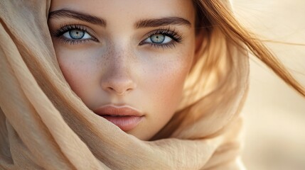 Beautiful Woman wrapped in Beige Silk Scarf Beauty Girl Face with Smooth Skin and Natural Makeup Women Hair Sun Care Headwear Scarves over Desert Sand background : Generative AI