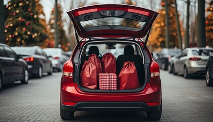 bags with purchases in the trunk. Sale, discounts, purchases, delivery concept . Cruft Paper eco bags for shopping.