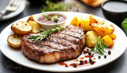 Closeup of a juicy, grilled steak with rosemary,  baked potato wedges, peppercorns, and sauce on a white plate.
