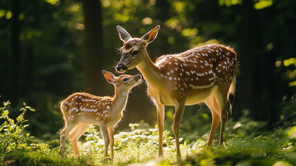 mother deer and baby deer in forest