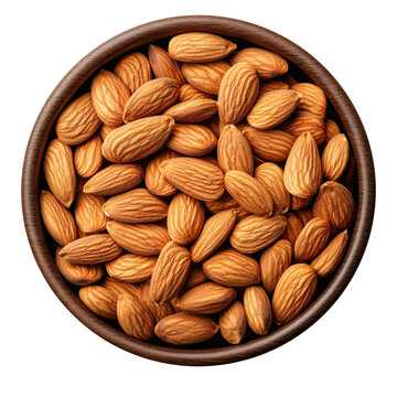 top view of a wooden bowl filled with whole almonds isolated on transparent background, clipping path, cut out, png
