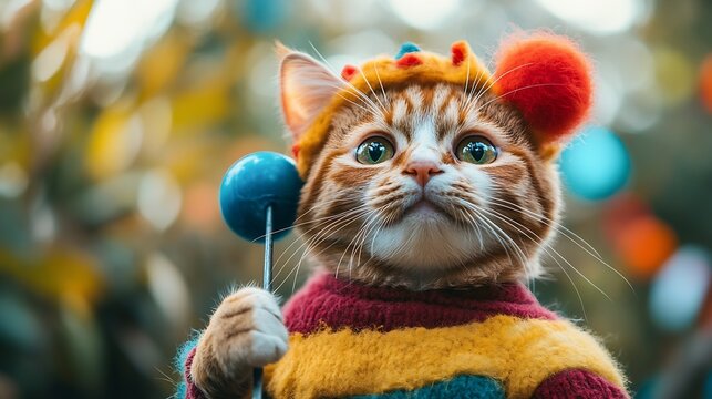 Funny cat is wearing costume clown and holding a petard : Generative AI