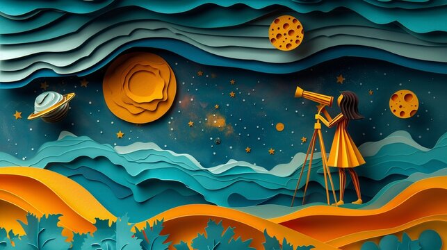 Young Girl Exploring the Wonders of Outer Space: Empowering Girls in STEM Education through Discovery and Imagination