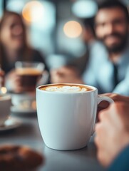 A group of coworkers sharing a morning coffee break with positive messages, emphasizing team spirit