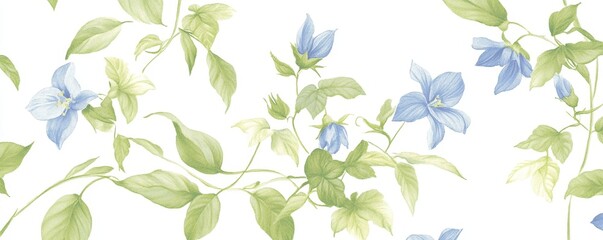 Fototapeta premium Delicate Blue Flowers and Green Leaves, Watercolor Illustration, White Background, Floral Pattern, Botanical Art, Nature, Flowers
