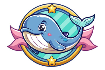 Naklejka premium Cartoon Whale with a Smile Inside a Golden Circle with Stars