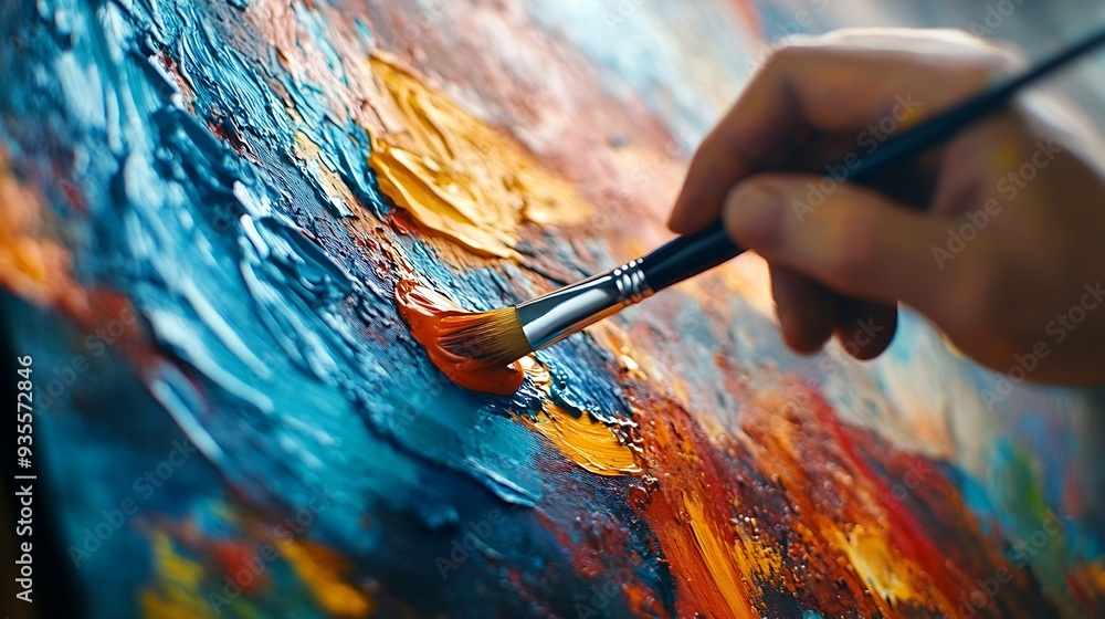 Poster artists hand with paintbrush on canvas closeup of an artists paintcovered hand as they apply vibrant
