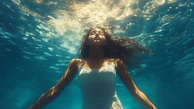 Magic and mystery hidden beneath the ocean Elegant young girl levitating underwater finding peace and calmness Concept of surrealism beauty mystery and fantasy freedom : Generative AI