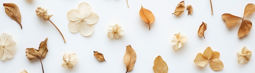 Dried Flowers and Leaves on White Background, Flat Lay , Floral , Minimalism , Nature