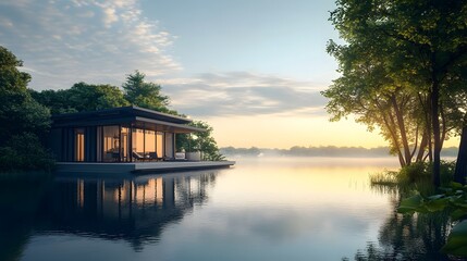 Obraz premium 5. 3D visualization of a serene lakeside with calm waters and surrounding greenery, rendered on a minimalist background