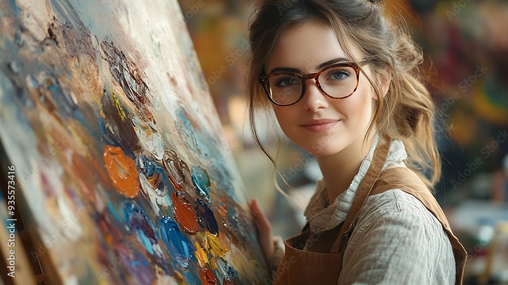 Poster painter with a colorful palette workshop for artistic expression craftsmanship in painting caucasian