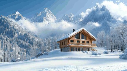 Fototapeta premium Serene Winter Escape: Cozy Chalet with Breathtaking Snowy Mountain Vista