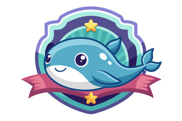 Cartoon Whale with Stars and Ribbon Badge