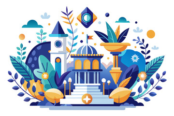 Naklejka premium A Fantasy Cityscape with Colorful Buildings and Lush Foliage