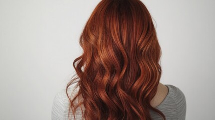 Naklejka premium A woman with long, wavy red hair stands with her back toward the viewer, revealing vibrant strands against a plain background.