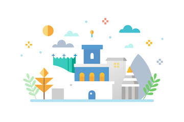 Fototapeta premium Stylized Illustration of a Town with Buildings, Trees, and a Mountain