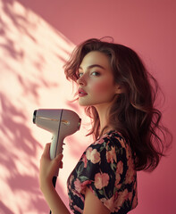 Beautiful young woman doing her hair with a blow dryer