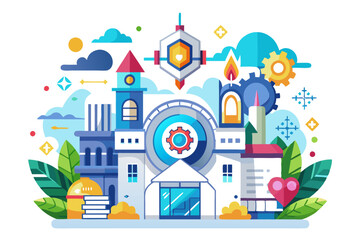 A Colorful Cityscape with Buildings, Clouds, and Gears