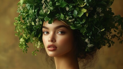 Vibrant Nature Headdress: Lush Green Leaves & Flowers Against Earth-Tone Background – Perfect Poster for Eco-Themed Interiors & Nature-Inspired Spaces