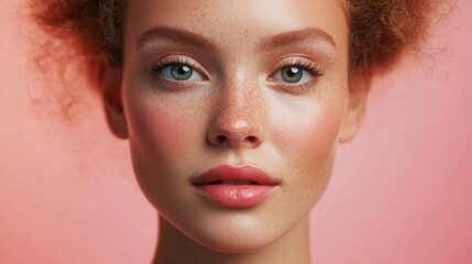 A young woman with striking blue eyes and freckles gazes confidently at the camera, framed by her curly hair and a soft pink backdrop.