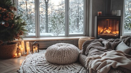 Fototapeta premium Tranquil Hygge Home: Cozy Living Room Interior with Warm Ambiance and Scandinavian Influence