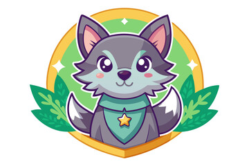 Obraz premium Cute Cartoon Wolf with a Star on its Neck in a Circular Frame with Leaves