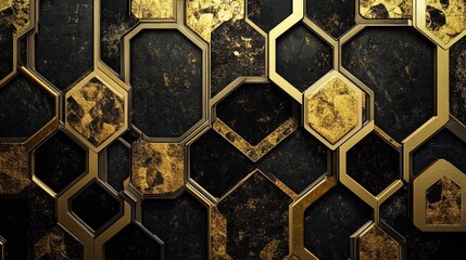Golden Hexagon Pattern, black, gold, abstract, geometric, luxury