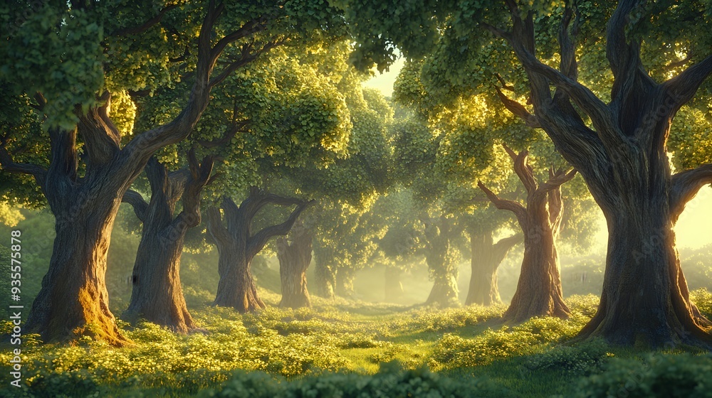 Poster 9. majestic 3d forest scene with towering ancient trees and a soft, dappled light, rendered on a pri