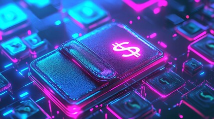 A futuristic wallet with a dollar sign icon, resting on a vibrant, glowing keyboard, symbolizing digital finance and transactions.