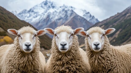 Fototapeta premium Three fluffy sheep stand together in a mountainous landscape at sunrise, surrounded by lush grass and towering peaks