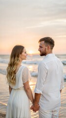 Obraz premium Romantic Couple Holding Hands on Sunset Beach, Golden Light Reflecting on Water with Soft Waves in Background
