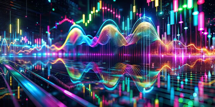 distorted sonic dimensions futuristic electronic music visualization macro shot vibrant glitch art neon waveform abstract art surrealism conceptual avant garde