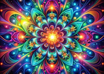vibrant psychedelic patterns swirling shapes kaleidoscope colors  futuristic abstract expressionist art neon lights flashing strobe effects mesmerizing