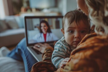 Caring young mother holding sleeping baby, using laptop, making video call to mature man doctor at home, senior pediatrician consulting loving mom online, telemedicine and child healthcare concept