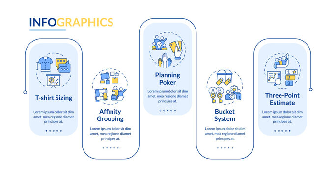 Work estimation techniques rectangle infographic vector. Agile methodology, development. Data visualization with 5 steps. Editable rectangular options chart. Lato-Bold, Regular fonts used