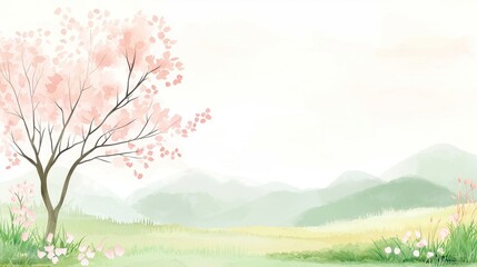 Abstract tree and field landscape, vibrant watercolor illustration, serene atmosphere, soft brushstrokes, harmonious blend of colors, inviting tranquility and reflection.