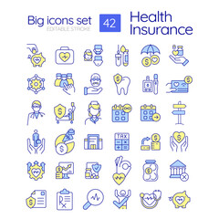 Health insurance RGB color icons set. Medical coverage. Financial protection. Health plans. Patient care. Isolated vector illustrations. Simple filled line drawings collection. Editable stroke