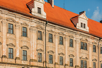 The facade of the Abbey of Lubiąż in the city of Lubiaz, Poland