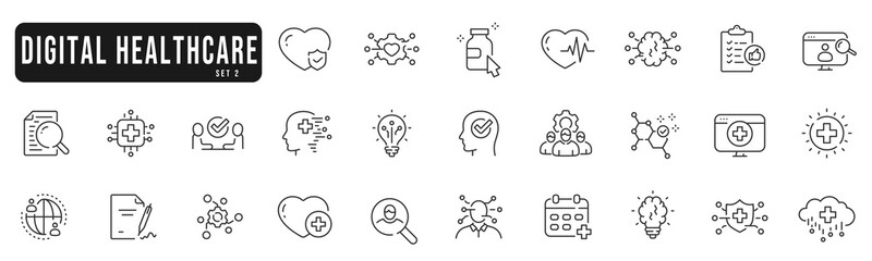 Digital health icons set. Tech, virtual, computing, online, medicine line icon set. Editable strokes. Part 2