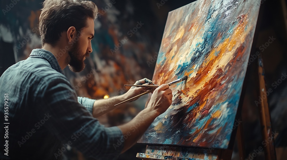 Leinwandbilder portrait of artist working on abstract painting uses paint brush to create daringly emotional modern