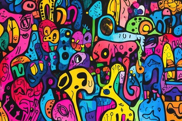 Obraz premium Colorful graffiti-style doodle art with vibrant characters and s