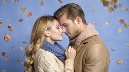 Fototapeta premium Lovers Sharing a Tender Moment in Picturesque Autumn Park with Colorful Leaves Falling Around