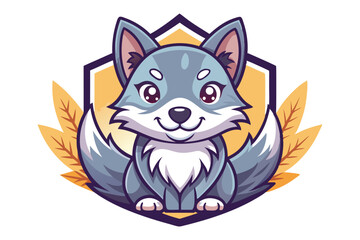 Obraz premium Cute Cartoon Gray Wolf with Big Eyes in a Shield Frame