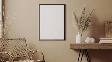 Aesthetic composition of living room interior with mock up poster frame wooden desk rattan chair black rack vase with branch books brown wall and office accessories Home decor Template : Generative AI