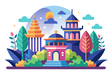 Colorful Illustration of a Cityscape with Buildings and Greenery