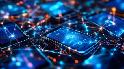 A digital illustration of a mobile device with a glowing network of connected lines extending from it, representing cellular connections and data exchange within a mobile telecommunication network